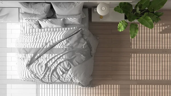 Arkitektinredningskoncept Oavslutat Projekt Som Blir Verkligt Modernt Minimalistiskt Sovrum Parkett — Stockfoto