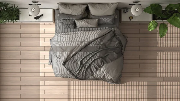 Oavslutat Projekt Modernt Minimalistiskt Sovrum Med Parkett Stort Fönster Krukväxter — Stockfoto