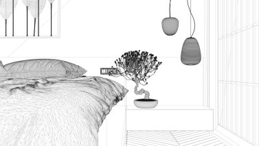 Projenin taslağı, Japon tarzı minimalist yatak odası, parke zemin, yastıklı ve yorganlı çift tahta yatak, çiçekli bonsai, yakın plan, lambalar, modern iç tasarım.