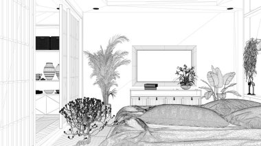 Projenin taslağı, Japon tarzı minimalist yatak odası, parke döşeme, çift tahta yatak, yastıklar ve yorgan, çiçekli bonsai, yakın plan, sürgülü kapı, modern iç tasarım.
