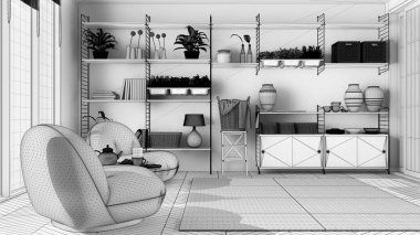 Tamamlanmamış proje taslağı, Japon tarzı minimalist oturma odası, koltuk, halı ve parke zemin. Bitkiler ve dekorlarla dolu ahşap bir kitaplık. Rahatla konsept, modern iç tasarım
