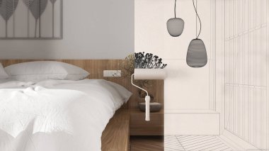 Boyalı paten çizimi iç tasarım tasarım tasarım tasarımı arka plan. Bu arada alan modern yatak odasını göstererek gerçek hale geliyor. Önce ve sonra, mimar tasarımcı yaratıcı iş akışı