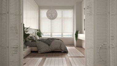 Minimalist modern yatak odasında beyaz katlı kapı açılıyor. Çift yatak, parke döşeme, beyaz iç tasarım, mimar tasarım konsepti, bulanık arka plan.
