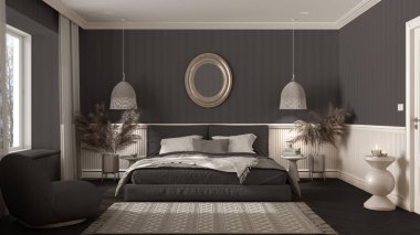 Modern minimalist mobilyaları olan koyu renkli şık bir yatak odası. Herringbone parke, yastıklı çift kişilik yatak, kolye lambaları ve ayna. Duvar kağıdı ve halı. Klasik iç tasarım