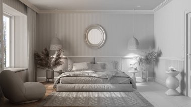 Mimari iç mimar konsepti: el yapımı taslak tamamlanmamış proje, modern minimalist mobilyalarla gerçek, zarif yatak odası, klasik iç tasarım fikri