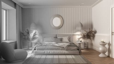 Mimari iç mimar konsepti: el yapımı taslak tamamlanmamış proje, modern minimalist mobilyalarla gerçek, zarif yatak odası, klasik iç tasarım fikri