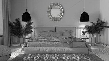Tamamlanmamış bir proje, modern minimalist mobilyaları olan zarif bir yatak odası. Parke, yastıklı çift kişilik yatak, kolye lambaları ve ayna. Duvar kağıdı ve halı. Klasik iç tasarım