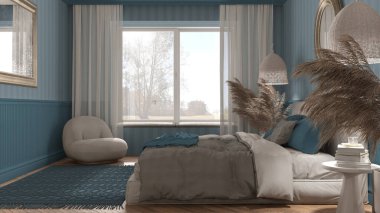 Modern minimalist mobilyalarla mavi tonlarda zarif bir yatak odası. Büyük pencere, parke, yastıklı çift kişilik yatak, kolye lambaları ve ayna. Duvar kağıdı ve halı. Klasik iç tasarım
