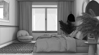 Tamamlanmamış bir proje, modern minimalist mobilyaları olan zarif bir yatak odası. Parke, yastıklı çift kişilik yatak, büyük pencere ve ayna. Duvar kağıdı ve halı. Klasik iç tasarım