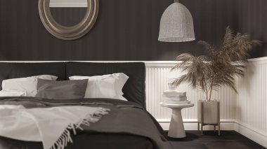 Modern minimalist mobilyalarla koyu tonlarda şık bir yatak odası. Parke, duvar kağıdı, yastıklı çift kişilik yatak, kolye lambaları ve yuvarlak ayna. Klasik iç tasarım