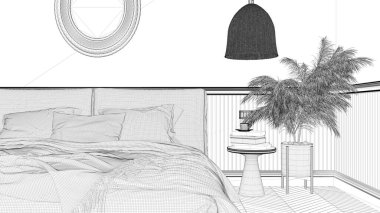 Proje taslağı, modern minimalist mobilyalarla yakın plan şık yatak odası. Parke, duvar kağıdı, çift kişilik yatak, kolye lambaları ve yuvarlak ayna. Klasik iç tasarım