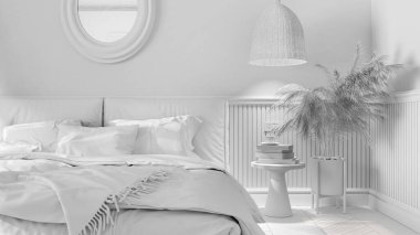 Tamamen beyaz proje, modern minimalist mobilyalarla yakın plan şık yatak odası. Parke, duvar kağıdı, çift kişilik yatak, kolye lambaları ve yuvarlak ayna. Klasik iç tasarım