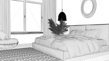 Proje taslağı, modern minimalist mobilyaları olan zarif bir yatak odası. Parke, yastıklı çift kişilik yatak, kolye lambaları ve ayna. Duvar kağıdı ve halı. Klasik iç tasarım