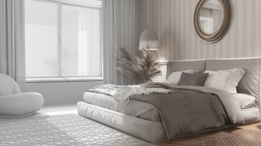 Mimari iç mimar konsepti: el yapımı taslak tamamlanmamış proje, modern minimalist mobilyalarla gerçek, zarif yatak odası, klasik iç tasarım fikri