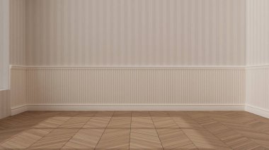 Boş oda iç tasarımı, geniş panoramik pencereli açık alan, ringa kemiği parke döşeme, çizgili duvar kağıdı ve ahşap kaplama, klasik mimari fikri.