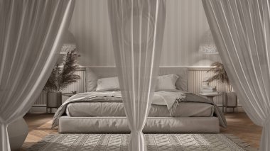 Beyaz perdeler klasik yatak odasını, iç tasarım arka planını, ön görünümü, kırpma yolunu, dikey kıvrımları, yumuşak tül tekstil dokusunu, kopya alanı ile sahne konseptini kaplar.