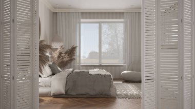 Modern mobilyalar, çift yatak odası, parke döşeme, beyaz iç tasarım, mimar tasarım konsepti, bulanık arka plan.