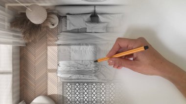 Mimari iç mimar konsepti: alan gerçek, klasik beyaz ve ahşap yatak odası, üst görünüm, plan yukarıda iken el tasarımı iç tasarım projesi