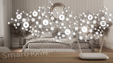 Wi-Fi kablosuz yönlendirici ahşap masa, akıllı ev, geometrik arkaplan bağlı çizgi ve noktalar şeylerin internet gösterimi klasik yatak odası üzerinde ev otomasyon konsepti