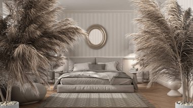 Çakıl taşları, kuru bitkiler, süs, kulaklar, dolgu, vazo, klasik yatak odasının üzerinde çizgili duvar kâğıdı ve ahşap kaplama, klasik iç tasarım.