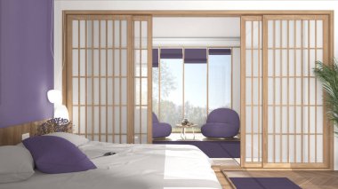 Japon tarzı minimalist yatak odası beyaz ve menekşe tonlarında, parke zemin, çift yatak, sürgülü kapı, koltuk ve büyük panoramik pencere, halı ve dekorasyon, modern iç tasarım.