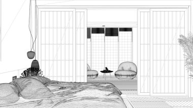 Projenin taslağı, Japon tarzı minimalist yatak odası, parke zemin, çift yatak, sürgülü kapı, koltuk ve büyük panoramik pencere, halı ve dekorasyon, modern iç mimari.