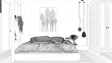 Projenin taslağı, Japon tarzı minimalist yatak odası, parke zemin, yastıklı çift tahta yatak, sürgülü kapı, kolye lambaları, halı ve dekorlar, modern iç mimari.