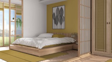 Japon tarzı minimalist yatak odası beyaz ve sarı tonlarda, parke zemin, çift tahta yatak yastıklı, sürgülü kapı, yumuşak yorgan, halı ve dekorasyon, modern iç tasarım.