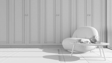 Tamamen beyaz proje, klasik gardırop arka planı, halı ve masa ile modern koltuk. Çay zamanı, cam çaydanlık, çay fincanı, atıştırmalıklar. Kopyalama alanı ve iç tasarım ile konsepti rahatlat