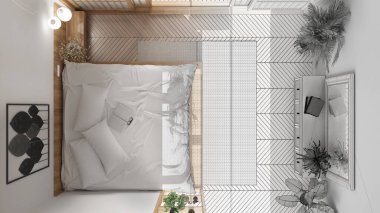 Mimari iç mimar konsepti: elle çizilmiş tamamlanmamış proje, Japon tarzı yatak odası, parke, yatak, modern iç tasarım, üst görünüm, plan, yukarıda