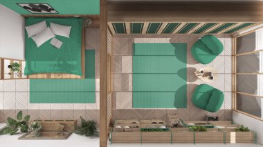 Minimalist yatak odası ve oturma odası Japon tarzı turkuaz tonlarda, parke, yatak, sürgülü kapı, halı, kitaplık, koltuklar, modern iç tasarım, üst görünüm, plan, yukarıda