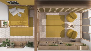 Minimalist yatak odası ve oturma odası Japon tarzı beyaz ve sarı tonlarda, parke, yatak, sürgülü kapı, halı, kitaplık, koltuklar, modern iç tasarım, üst görünüm, plan, yukarıda