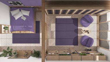 Minimalist yatak odası ve oturma odası beyaz ve liyak tonlarında, parke, yatak, sürgülü kapı, halı, kitaplık, koltuklar, modern iç tasarım, üst görünüm, plan, yukarıda