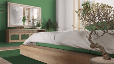 Japon tarzı minimalist yatak odası beyaz ve yeşil tonlarda, parke zemin, çift ahşap yatak, yastık, çiçekli bonsai yakın plan, ayna ve saksı bitkileri, modern iç tasarım