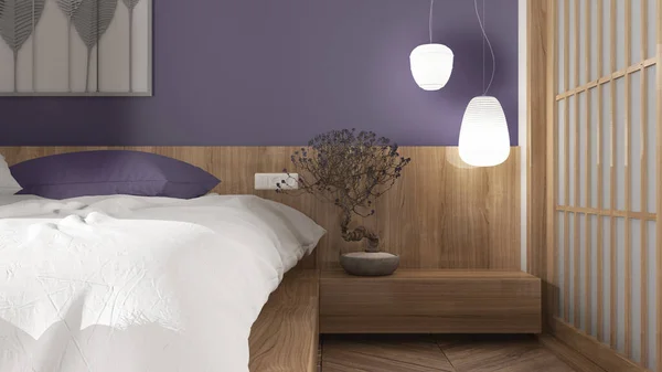 Minimalist Bedroom Japanese Style White Liliac Tones Parquet Floor Double — Stock Photo, Image