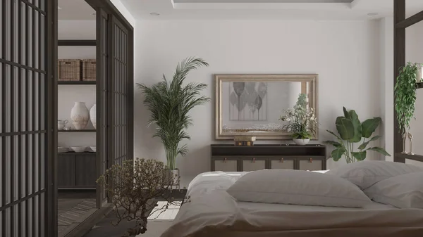 Dormitorio Minimalista Estilo Japonés Tonos Blancos Grises Suelo Parquet Cama —  Fotos de Stock