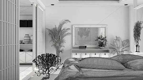 Oavslutat Projektutkast Minimalistiskt Sovrum Japansk Stil Parkettgolv Dubbelsäng Kuddar Och — Stockfoto