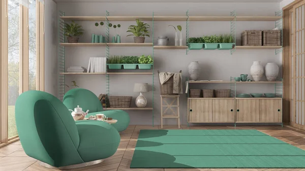 Minimalistisches Wohnzimmer Japanischen Stil Weißen Und Türkisfarbenen Tönen Sessel Teppich — Stockfoto