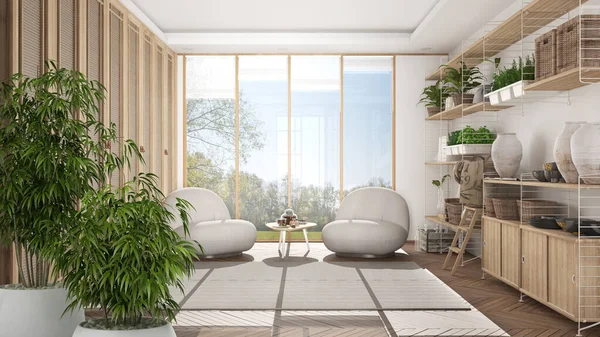 Interior Zen Con Planta Bambú Maceta Concepto Diseño Interiores Naturales — Foto de Stock