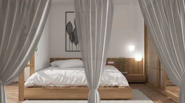 Білі Прорізи Штори Накладають Сучасну Спальню Дизайн Інтер Єру Фону — стокове фото