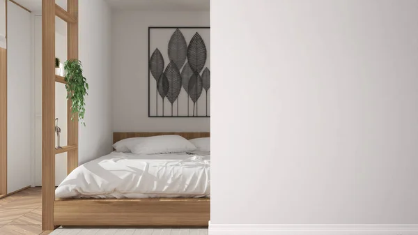 Классическая Классическая Белая Деревянная Спальня Двойной Мягкой Кроватью Передней Стене — стоковое фото