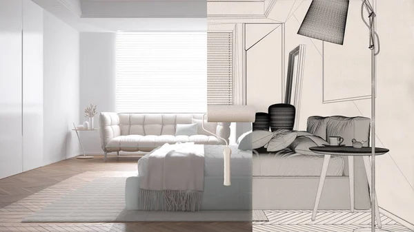 空間が現代の寝室を示す実際になる間ペイントローラー塗装インテリアデザイン青写真の背景 コンセプトの前と後に 建築家のデザイナーの創造的な仕事の流れ — ストック写真