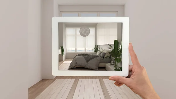 Augmented Reality Concept Handtablet Met Toepassing Voor Het Simuleren Van — Stockfoto