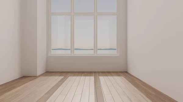 Boş Oda Tasarımı Geniş Panoramik Pencereli Açık Alan Eko Parke — Stok fotoğraf