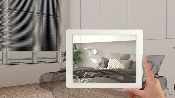 Augmented Reality Konzept Tablet Mit Anwendung Zur Simulation Von Möbelprodukten — Stockfoto