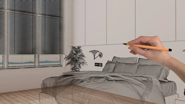 中空的白色内饰 木地板 手绘定制建筑设计 黑色墨水草图 展示双人床现代卧房的蓝图 — 图库照片