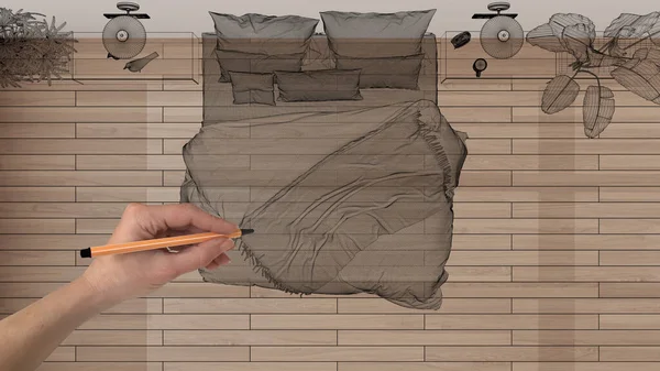 空旷的白色室内装饰 手绘定制设计项目 黑色墨水草图 展示双人床现代卧房的蓝图 顶视图 — 图库照片