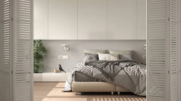 简约现代卧房白色折叠门 双人床 白色室内设计 建筑设计理念 背景模糊 — 图库照片