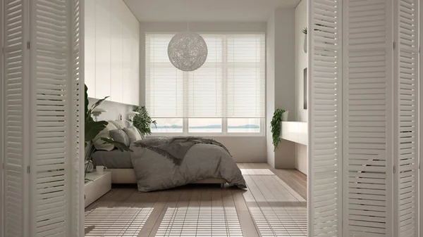 Białe Drzwi Składane Otwierające Się Minimalistyczną Nowoczesną Sypialnię Podwójnym Łóżkiem — Zdjęcie stockowe