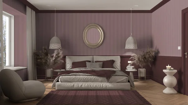 Elegante Dormitorio Tonos Rojos Con Muebles Minimalistas Modernos Parquet Espiga —  Fotos de Stock